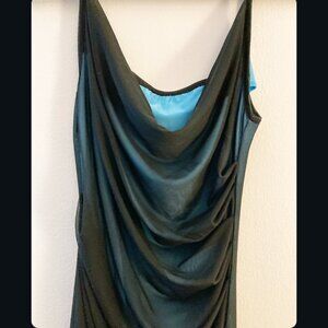 Formal Cocktail Blue with Black Mesh Overlay Dress